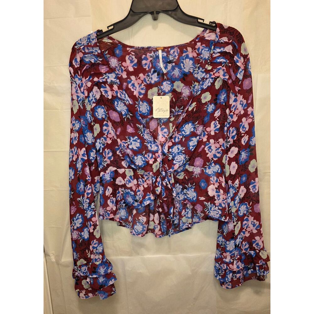 Nwt Free People Floral Maybel Shiraz Combo Peplum long sleeve Crop Top XS - Picture 2 of 12